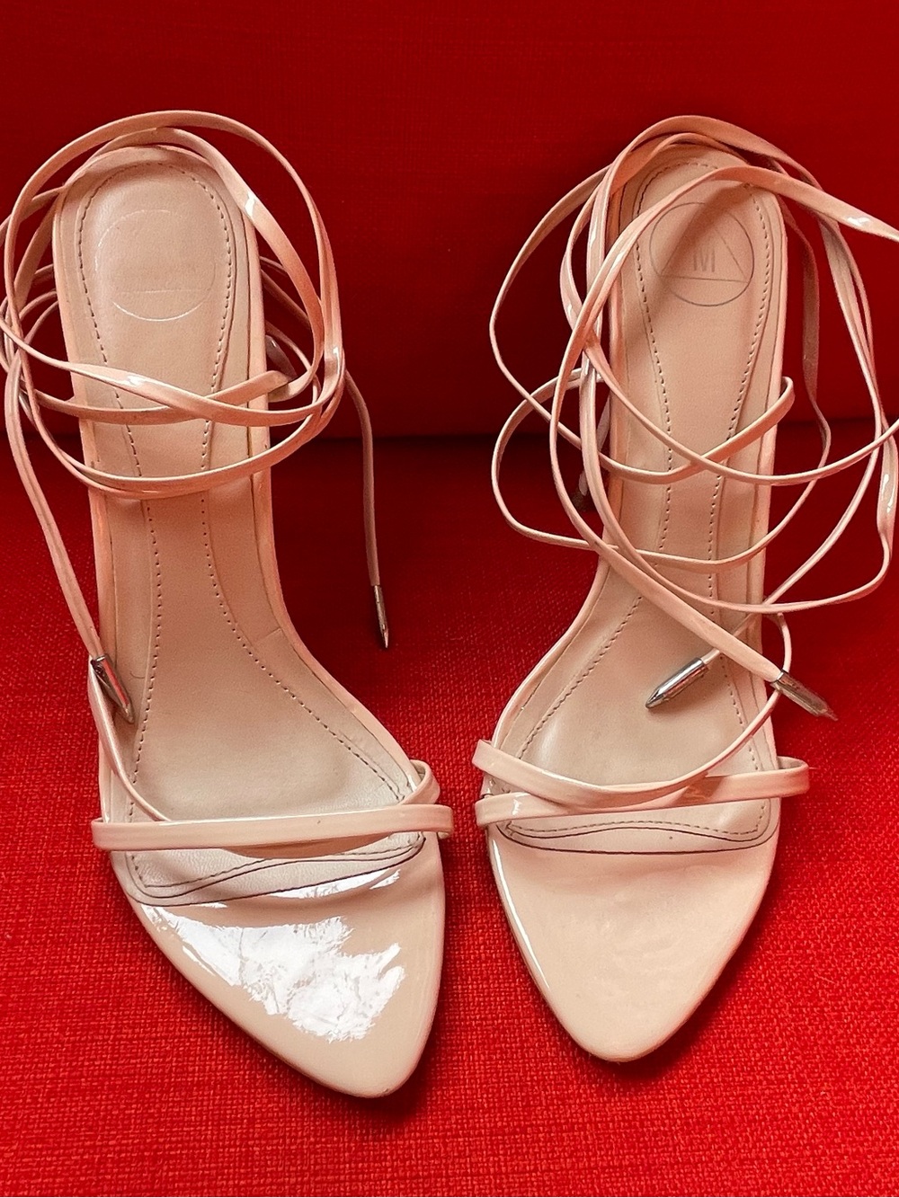 Nude strappy stiletto gladiator lace up heels sz 8